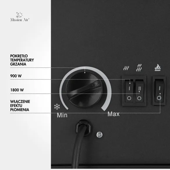 Duży kominek elektryczny FROSTWOOD 1800W Mission Air panel sterowania