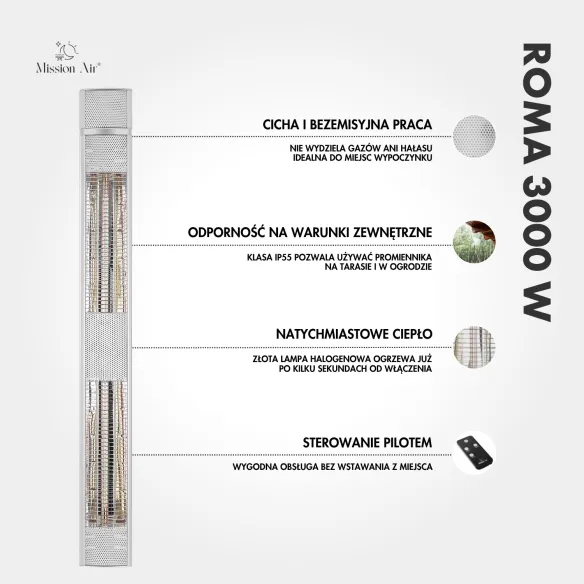 Promiennik tarasowy ROMA 3000 W | IR, metalowy, Srebrny