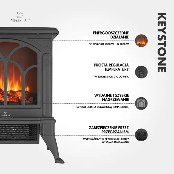 KEYSTONE 1800 W Electric Fireplace | LED Flame Effect, Black