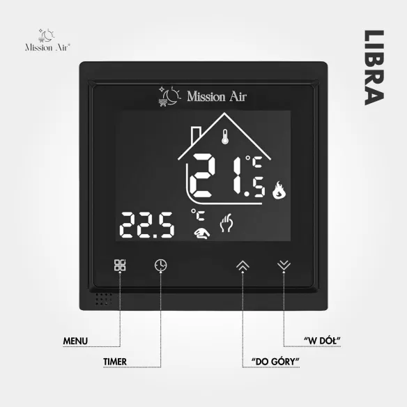 Regulator temperatury LIBRA WiFi czarny – widok frontowy z interfejsem