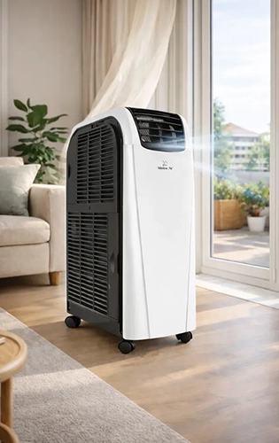 Klimatyzer ewaporacyjny Mission Air biało-czarny na kółkach w salonie przy balkonie
