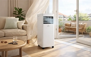 Przenośny klimatyzator Mission Air w jasnym pokoju obok sofy i drzwi balkonowych
