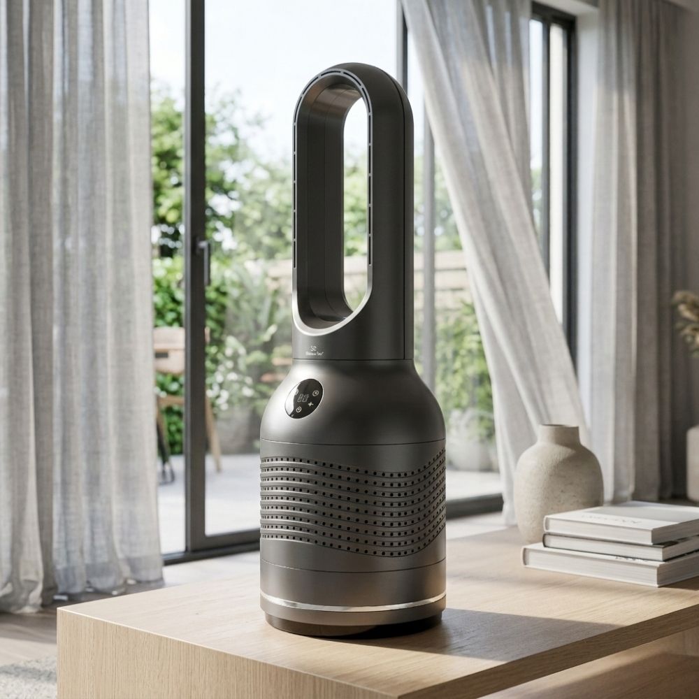 Wentylator bezłopatkowy Mission Air AirLoop — szary, w nowoczesnym wnętrzu